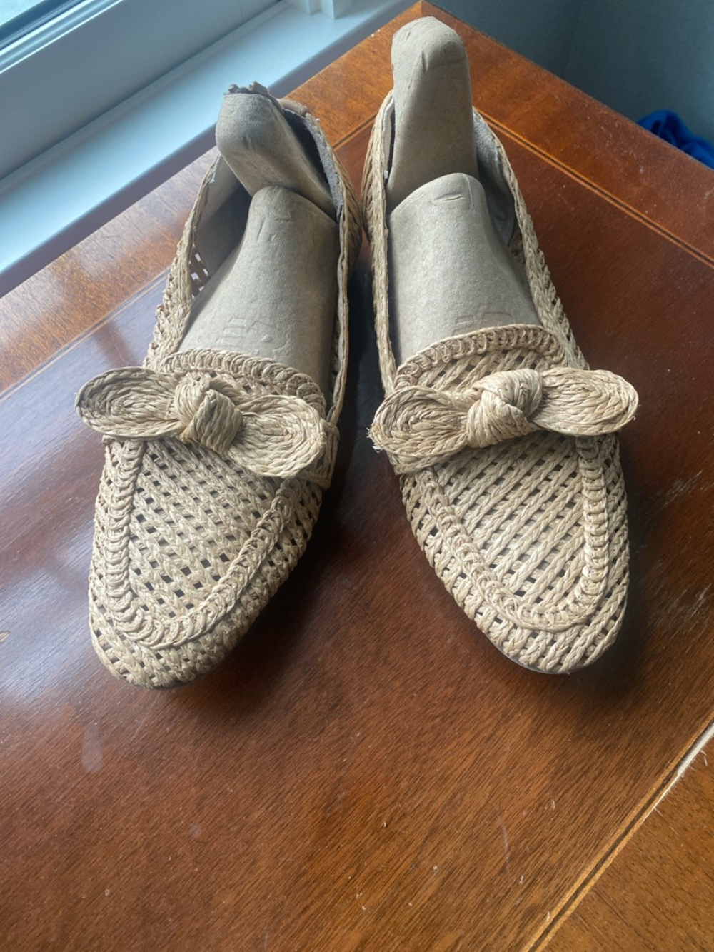 Charles David Natural Raffia Woven Pointed Toe Flats with Bow